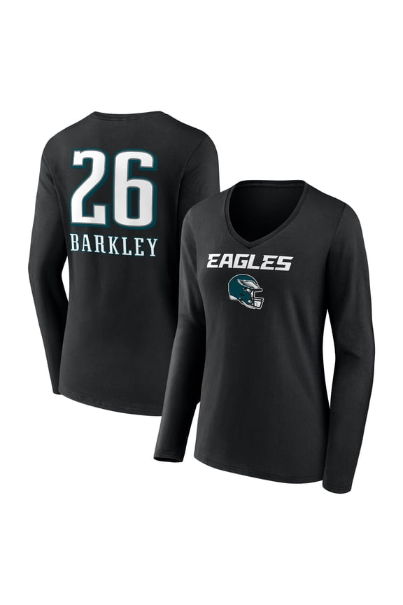 Women's Saquon Barkley Black Philadelphia Eagles Name & Number Team Wordmark Long Sleeve V-Neck T-Shirt