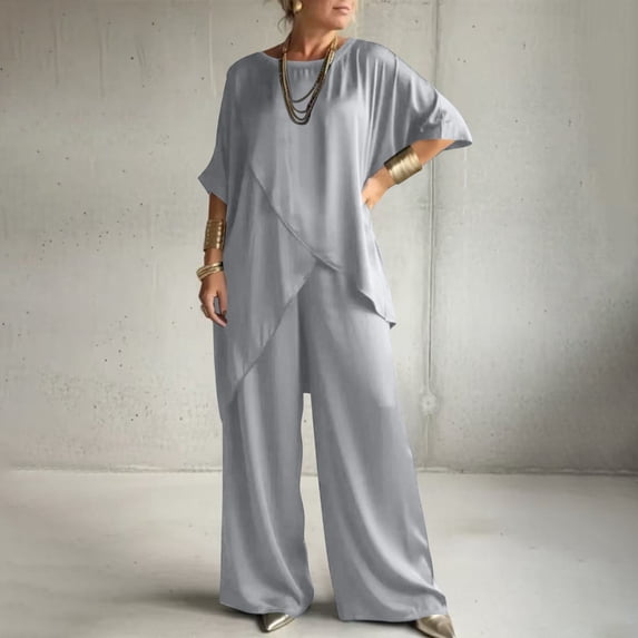 Women's Satin 2 Piece Lounge Set Short Sleeve Irregular Top Wide Leg Pants Summer Outfits Casual Matching Tracksuits Gray L