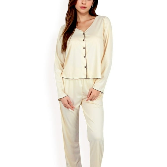 Women's Satin 2-Piece Pajama Set with Button-Up Long Sleeve Top and Relaxed Fit Pants - Large, Light Beige
