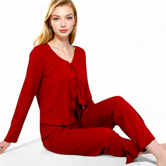 Women's Satin 2-Piece Pajama Set with Button-Up Long Sleeve Top and Relaxed Fit Pants - Small, Red