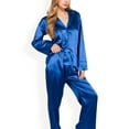 thumbnail image 1 of Women's Satin 2-Piece Pajama Set with Long Sleeve Button-Up Shirt and Relaxed Fit Wide-Leg Pants - Medium, Navy, 1 of 6