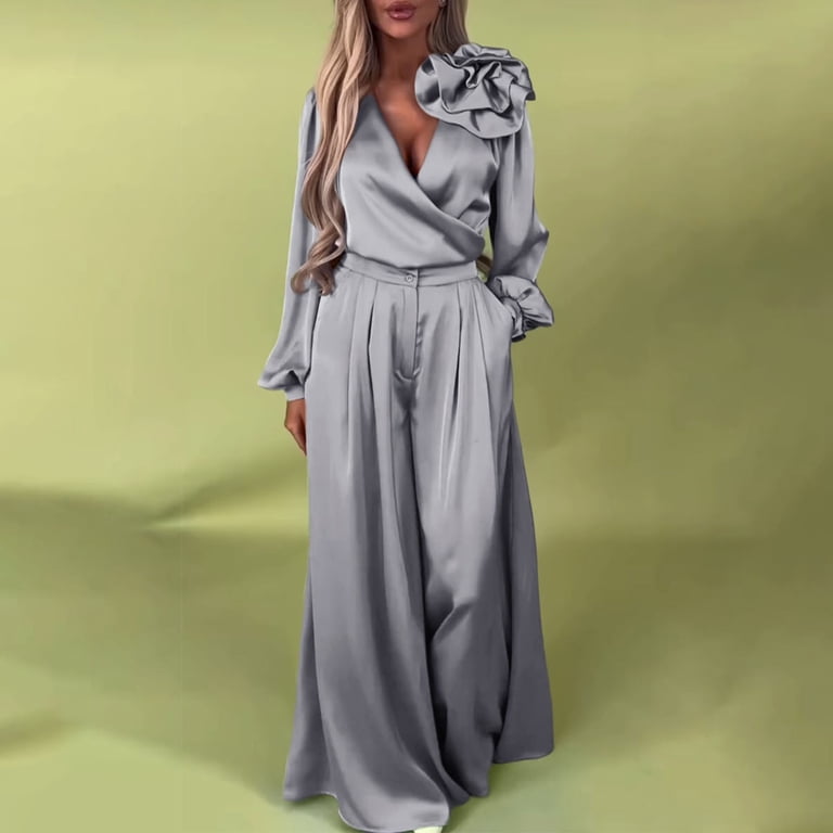 Tooayk Women's Satin 2 Piece Suit, V Neck Long Sleeve Blouse with 3D Floral Shoulder Detail and Wide Leg Pants, Elegant Formal Matching Set for