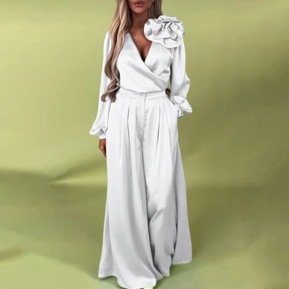 Women's Satin 2 Piece Suit, V Neck Long Sleeve Blouse with 3D Floral Shoulder Detail and Wide Leg Pants, Elegant Formal Matching Set for Wedding Guest Outfit and Business Attire-White