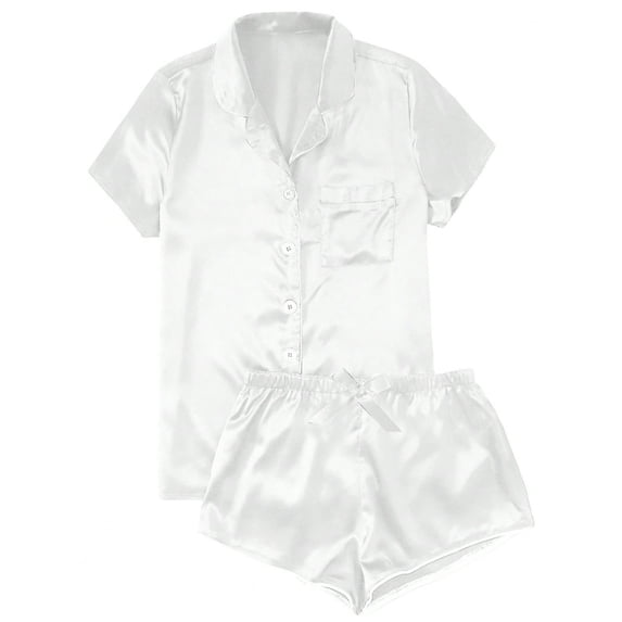 Women's Satin 2Pcs Pajamas Set Casual Solid Color Button Down Pjs Set Sleepwear Lounge Sets With Short Pants Lounge Set White XL