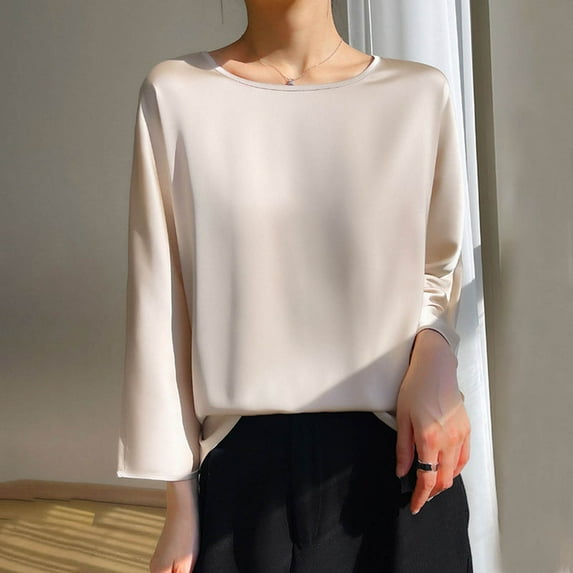 Women's Satin 3/4 Bell Sleeve Top Solid Color Crew Neck Shirt Dropped shoulders Tunic Tee Casual Loose Pullover