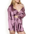 thumbnail image 1 of Women's Satin 3-Piece Pajama Set with Bralette, Tie-Waist Shorts, and Long Sleeve Button-Up Shirt - X Large, Purple, 1 of 6