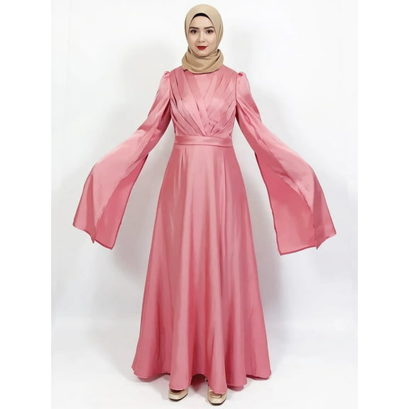 Women’s Satin Abaya Maxi Dress, Cape Sleeves, Pleated Bodice, Round Neck