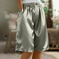 thumbnail image 1 of Women's Satin Bermuda Shorts Summer Elastic Waist Button Knee Length Short Casual Solid Loose Fits Comfy Cool Straight Wide Leg Short Pant with Pocket, 1 of 6