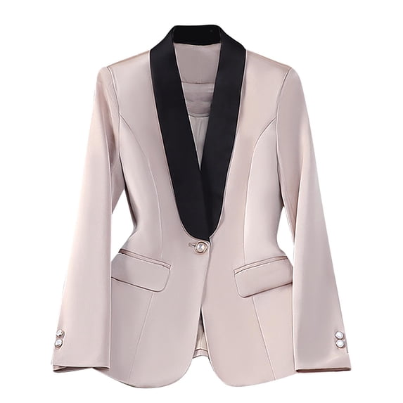 Women's Satin Blazer with Contrast Lapel Collar Button Slim Dressy Jacket for Office Beige XL