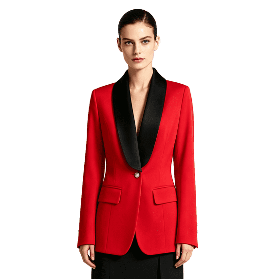 Women's Satin Blazer with Contrast Lapel Collar Button Slim Dressy Jacket for Office Red 2XL