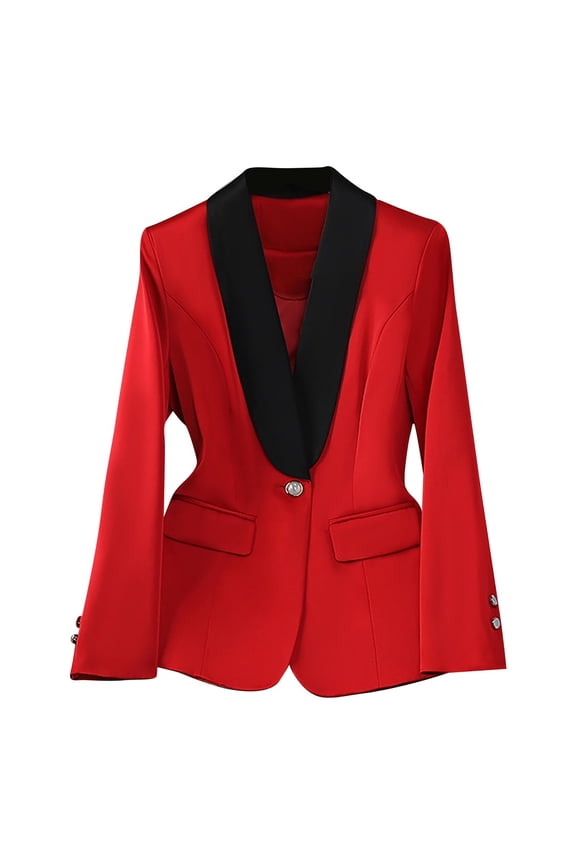 Women's Satin Blazer with Contrast Lapel Collar Button Slim Dressy Jacket for Office Red XL