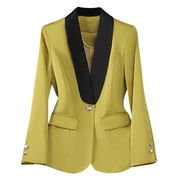 Womens Satin Blazer with Contrast Lapel Collar Button Slim Dressy Jacket for Office Yellow 2XL