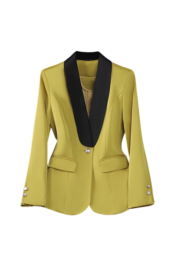 Women's Satin Blazer with Contrast Lapel Collar Button Slim Dressy Jacket for Office Yellow M