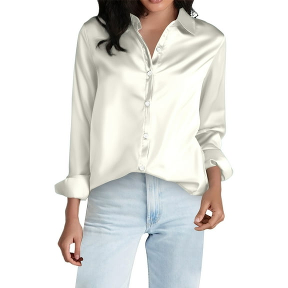 Women's Satin Blouse Casual Loose Fit Long Sleeve Button Up Shirt,White,M
