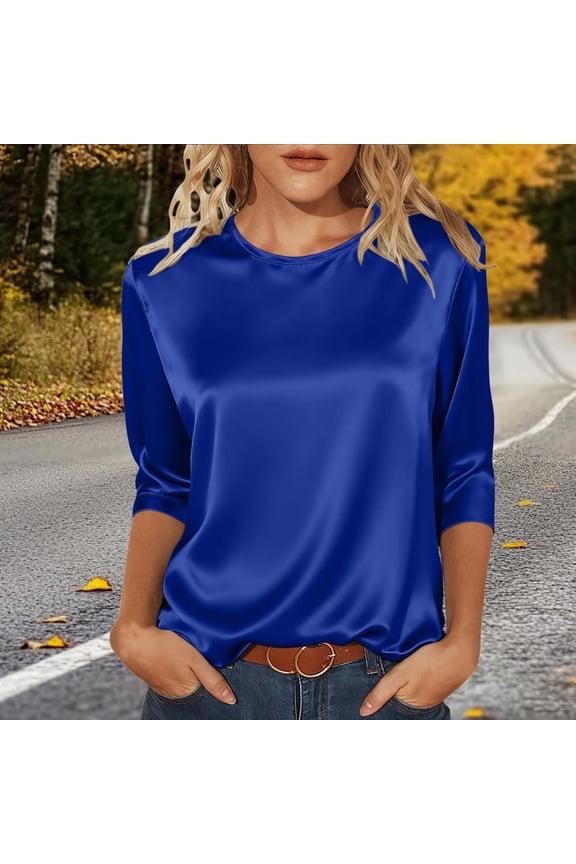 Women's Satin Blouse Dressy Casual 3/4 Sleeve Silk Tops Round Neck Formal Business Tshirts (Blue XXL)