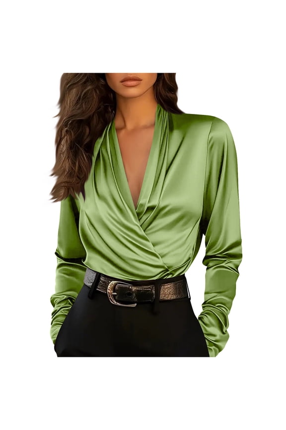 Women's Satin Blouse Silky Cowl Neck Drape Ruched Front Long Sleeve Dressy Shirt Trendy Fashion Business Casual Tops (Green,XL)