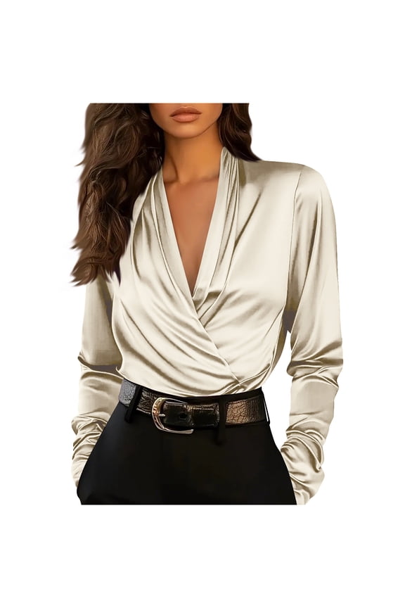 Women's Satin Blouse Silky Cowl Neck Drape Ruched Front Long Sleeve Dressy Shirt Trendy Fashion Business Casual Tops (Rose Gold,S)
