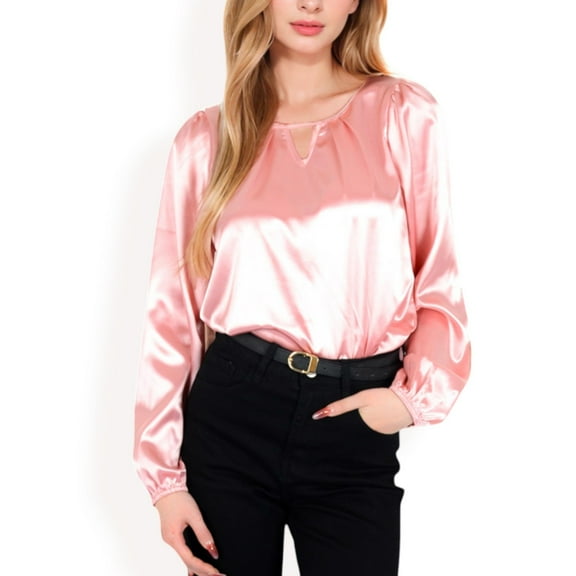 Women's Satin Blouse with Keyhole Neckline and Long Sleeves - Large, Mauve Pink