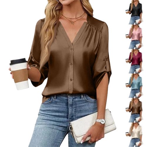 Women's Satin Blouses Long Sleeve Button Down Dressy Business Casual Fall Work Blouses, Coffee M
