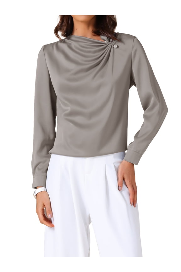 Women's Satin Blouses Casual Pleated Long Sleeve Shirts Dressy Office Work Shirt L Grey