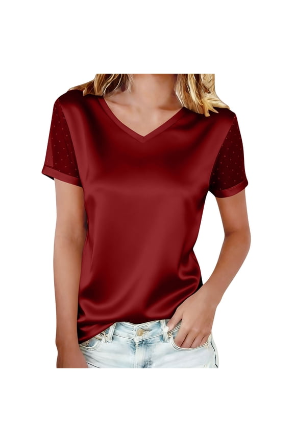 Women's Satin Blouses Polka Dot Mesh Patchwork Short Sleeve Shirts Casual Dressy V Neck Summer Business Work Tops Shirts For Women Trendy
