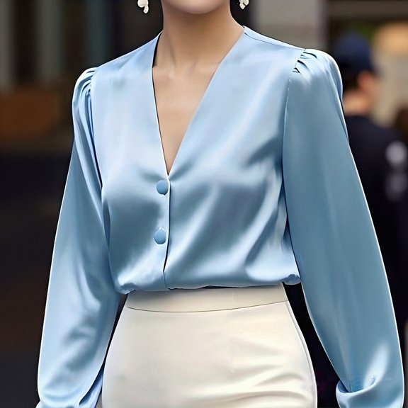 Women's Satin Blue V-Neck Long Sleeve Shirt, Early Spring Summer Pullover Top, Premium Commute Wear Blouse, Elegant Office Attire, Soft Draping Casual Chic Top Sky Blue S