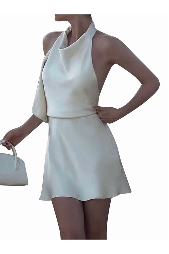 Women's Satin Bodycon Backless Mini Cowl Neck Halterneck Slip Dresses Dress for Daily Wear Cream White L