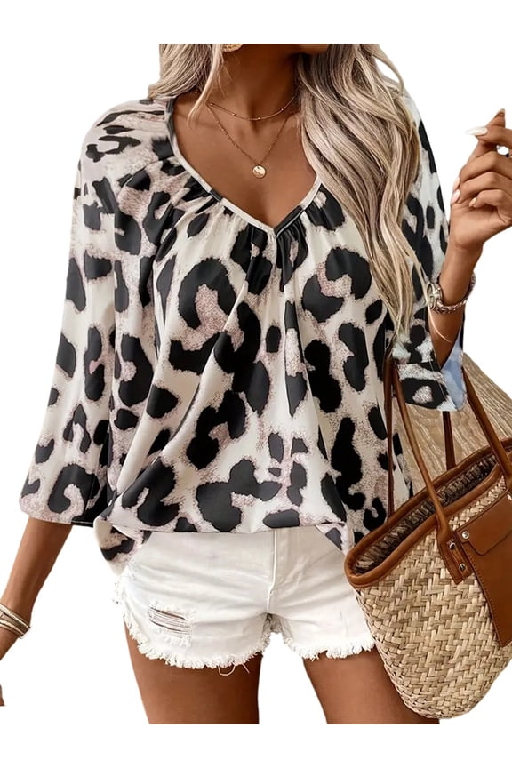 Women's Satin Boho Tops Dressy Neck Printed Elbow-Length Sleeve Work Shirt for Casual Summer Leopard Print M