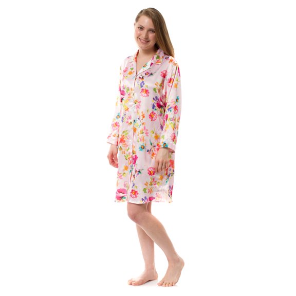 Women's Satin Button Robe Nightshirt, Floral Satin Nightshirt