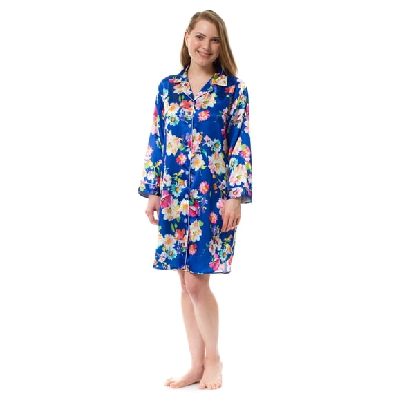 Women's Satin Button Robe Nightshirt, Floral Satin Nightshirt