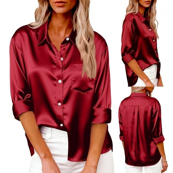 Women's Satin Button Down Shirt Blouse Top Long Sleeve Crewneck Loose Fit Solid Color Soft Silky Business Casual Work Office Vacation Outfits Fashion Essential Gift for Women
