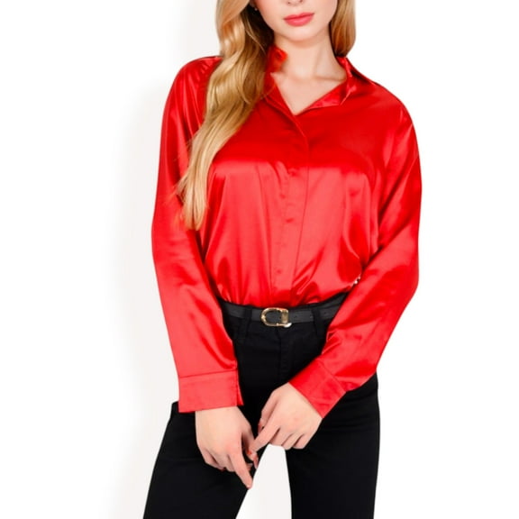 Women's Satin Button-Up Blouse with Collared Neck and Long Sleeves - Small, Red