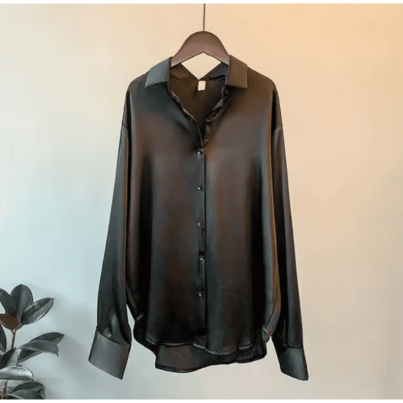 Women’s Satin Button-Up Office Shirt – Long Sleeve Elegant Silk-Blend Blouse with Turn-Down Collar