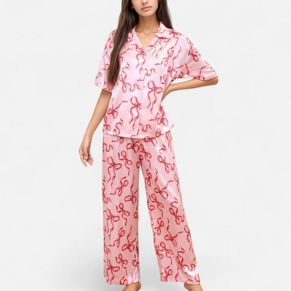 Women's Satin Button-Up Pajama Set with Short Sleeve Notch Collar Top and Wide Leg Pants in Ribbon Print - Large, Pink