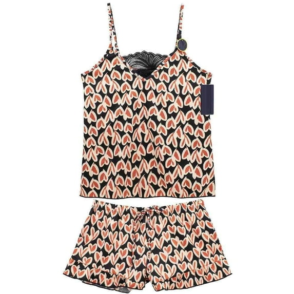 Women's Satin Cami and Shorts Pajama Set, Red Heart, Black, Medium, 1 Set