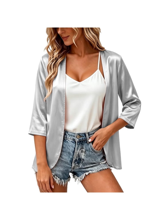Women's Satin Cardigan Short Sleeve Open Front Casual Loose Fit Lightweight Solid Summer Spring Dressy Blouse Top Jacket Cover Up S-XXXL Silver