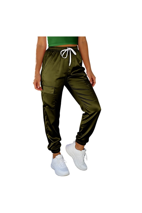 Women's Satin Cargo Palazzo Pants, Solid Color Drawstring Flowy Trousers, Elastic Ankle Utility Outfits, Casual Boho Chic Bottoms, Stylish Pocketed Jogger Clothing