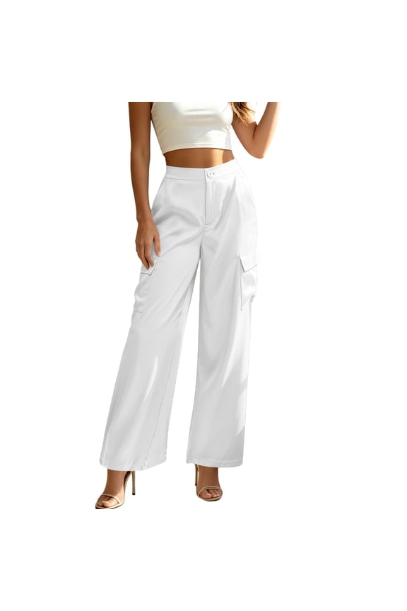Women's Satin Cargo Wide Leg Pants Silk Party Dressy Casual Pocketed Pant Long Trouser White XXL(XXL)