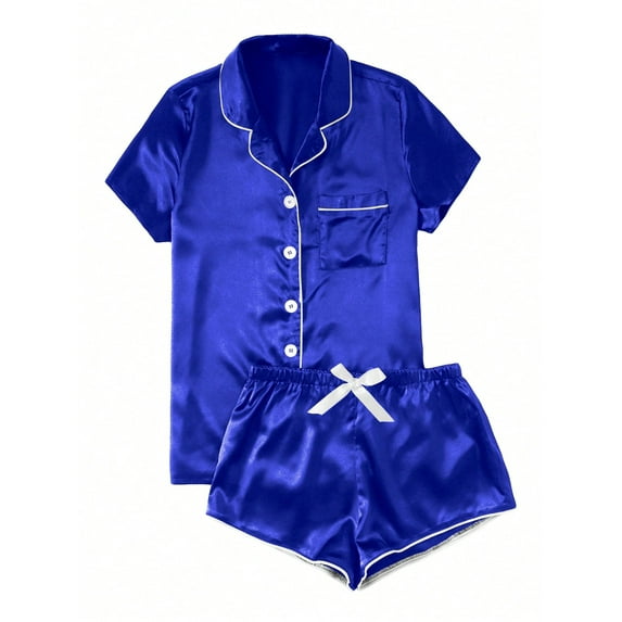 Women's Satin Casual Home Button Pajama Set(Blue,M)