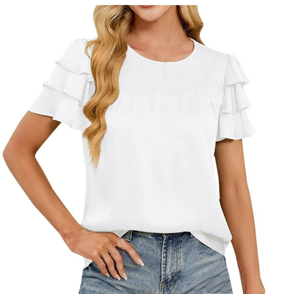 Women's Satin Casual Shirts Crewneck Ruffle Sleeve T Shirts Lace Crochet Trendy Solid Color Loose Tunic Tops