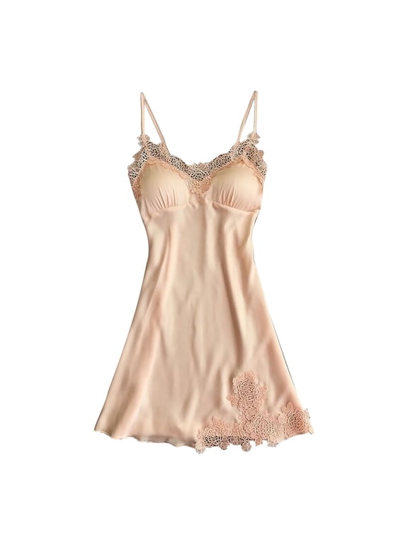 Women's Satin Chemise Nightgown Lace Trim Silk Slip Dress Sexy V Neck Sleepwear Beige XL