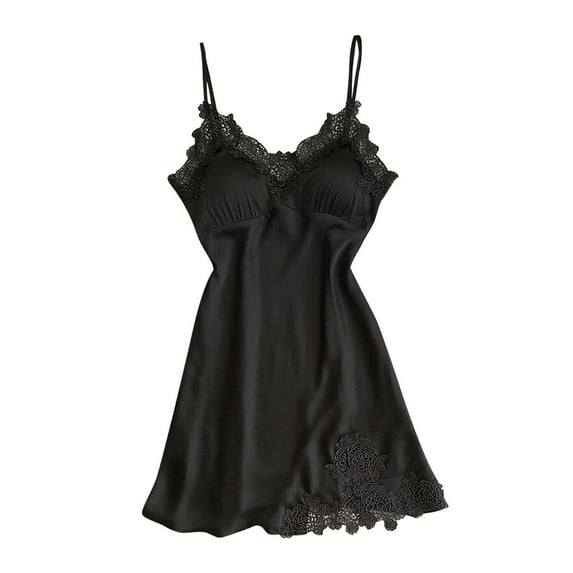 Women's Satin Chemise Nightgown Lace Trim Silk Slip Dress Sexy V Neck Sleepwear Black M