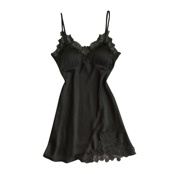 Women's Satin Chemise Nightgown Lace Trim Silk Slip Dress Sexy V Neck Sleepwear Black S