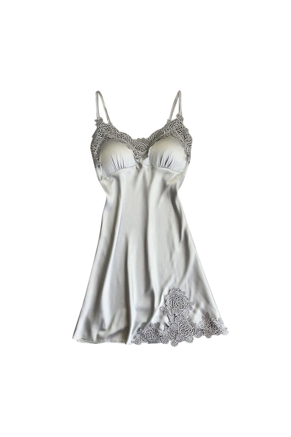 Women's Satin Chemise Nightgown Lace Trim Silk Slip Dress Sexy V Neck Sleepwear Silver XL