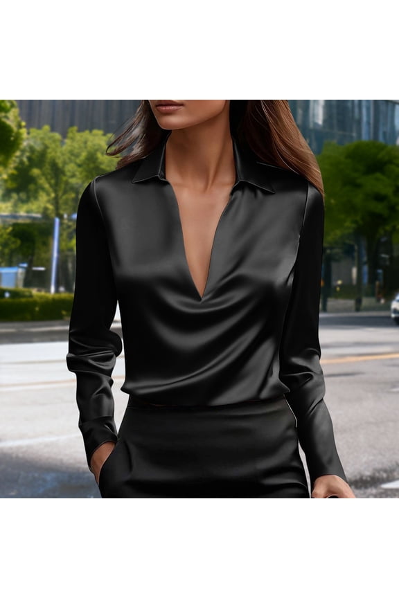 Women's Satin Collar Neck Drape Ruched Front Long Sleeve Blouse Shirt Top Black XXXL