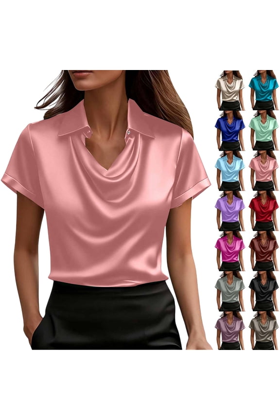 Women's Satin Collared Draped Blouse Short Sleeve - Summer Business Casual Work Office Top