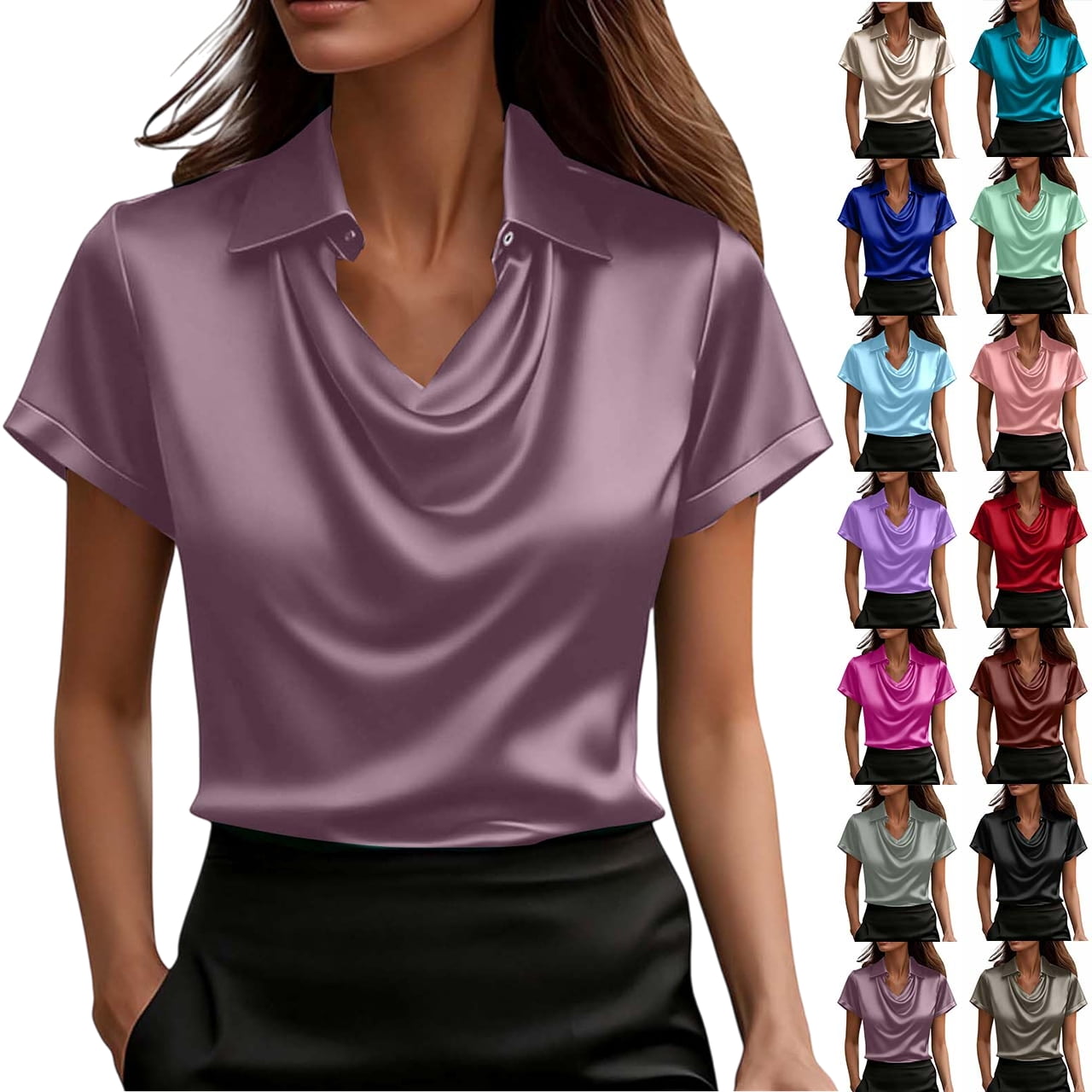 Women's Satin Collared Draped Blouse Short Sleeve - Summer