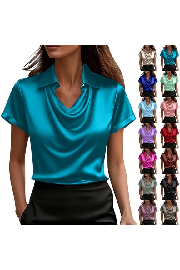Women's Satin Collared Draped Blouse Short Sleeve - Summer Business Casual Work Office Top