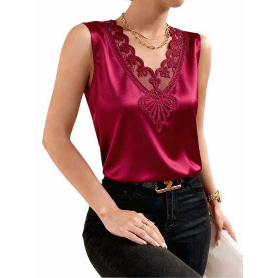 Women's Satin Contrast Lace V Neck Sleeveless Blouse Appliques Summer Tank Tops Red L