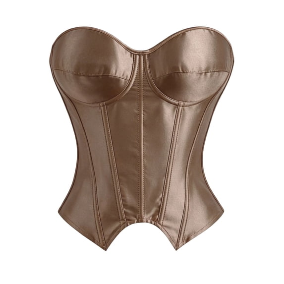 Women's Satin Corset Bustier Strapless Molded Cup Side Zipper Fishbone Slim Fitting Evening Party Waist Shaper Tops Khaki M